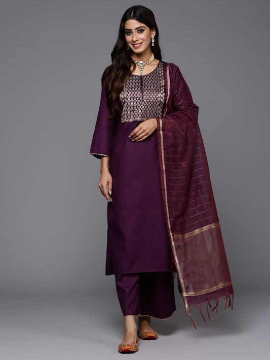 IE Purple Yoke Design Straight Kurta Palazzos With Dupatta Set