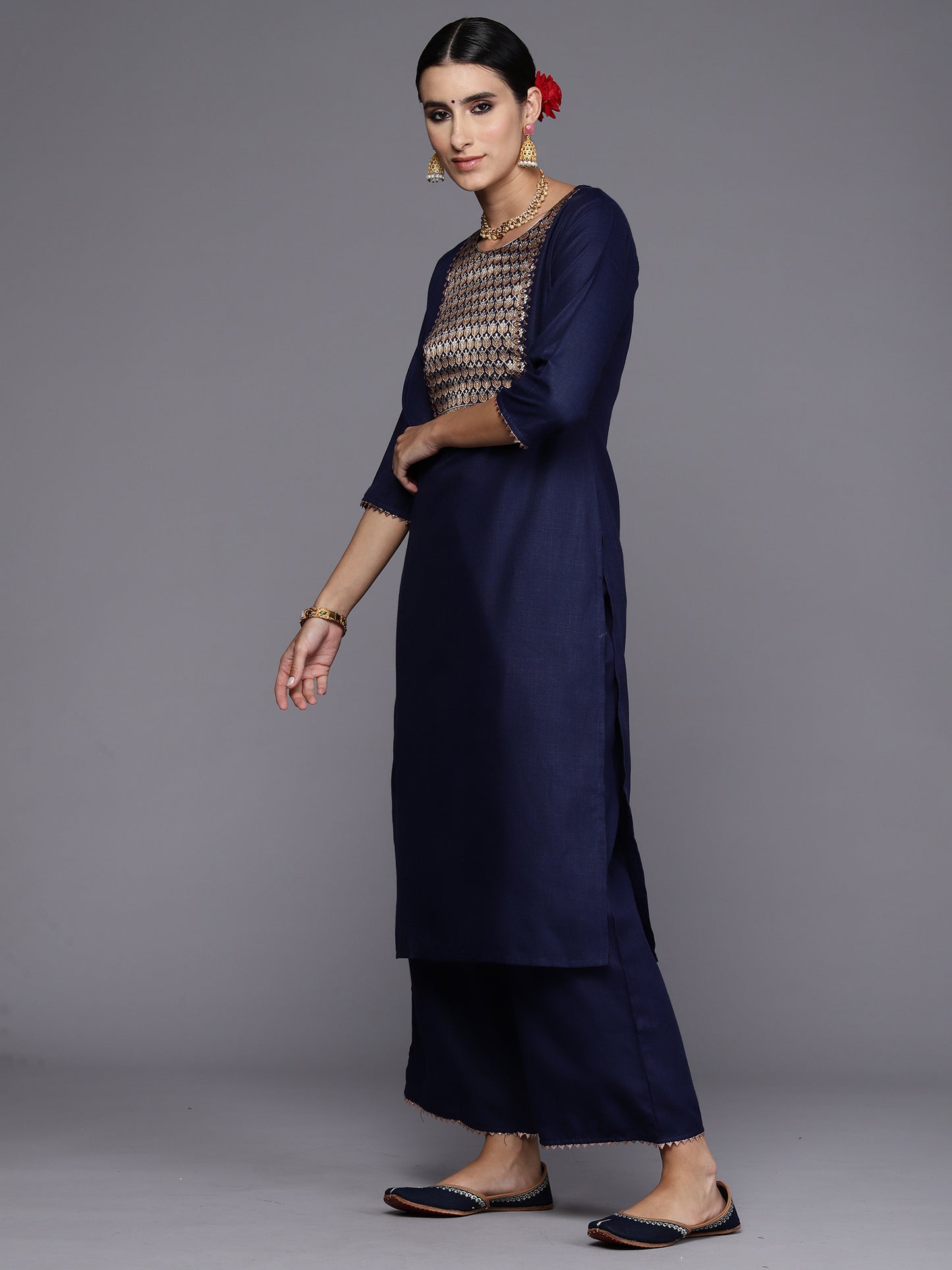 IE Navy Blue Yoke Design Straight Kurta Trousers With Dupatta Set