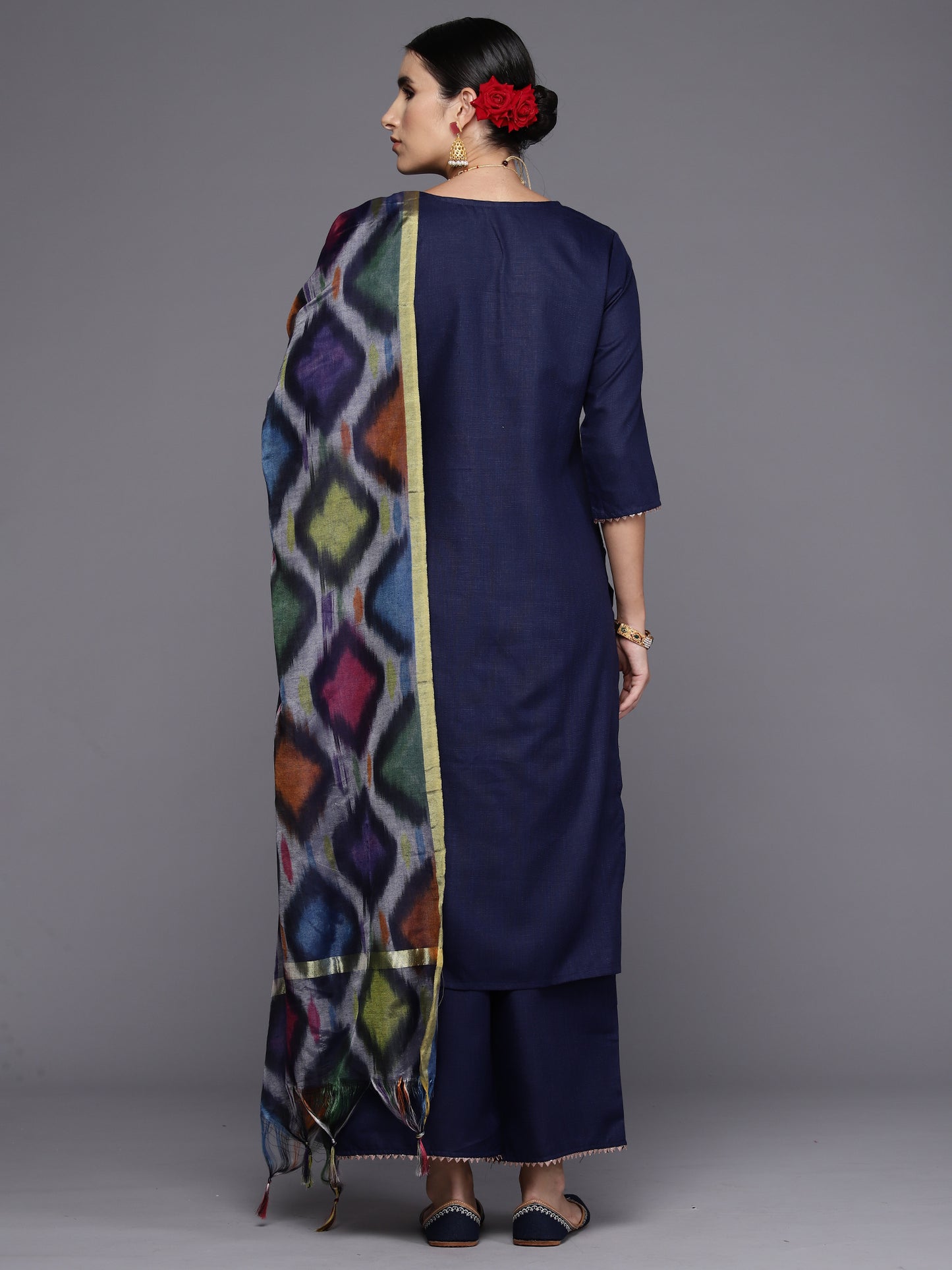 IE Navy Blue Yoke Design Straight Kurta Trousers With Dupatta Set