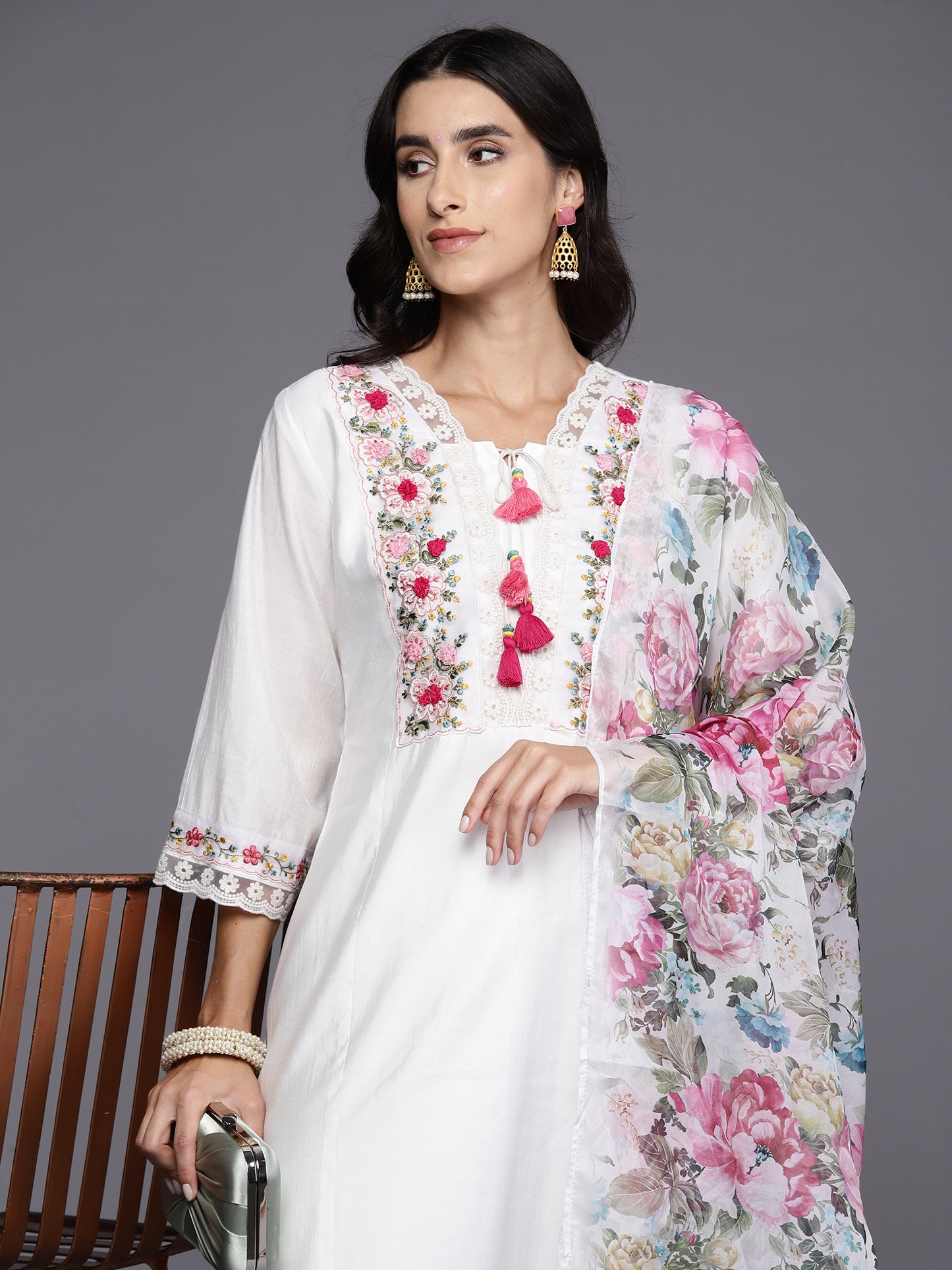 IE White Embroidered A-Line Kurta Trousers With Dupatta Set