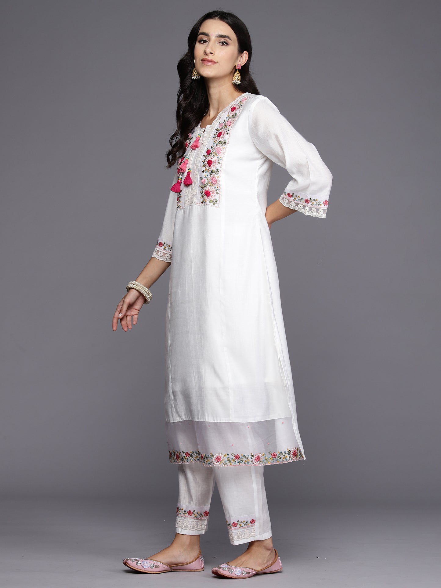 IE White Embroidered A-Line Kurta Trousers With Dupatta Set