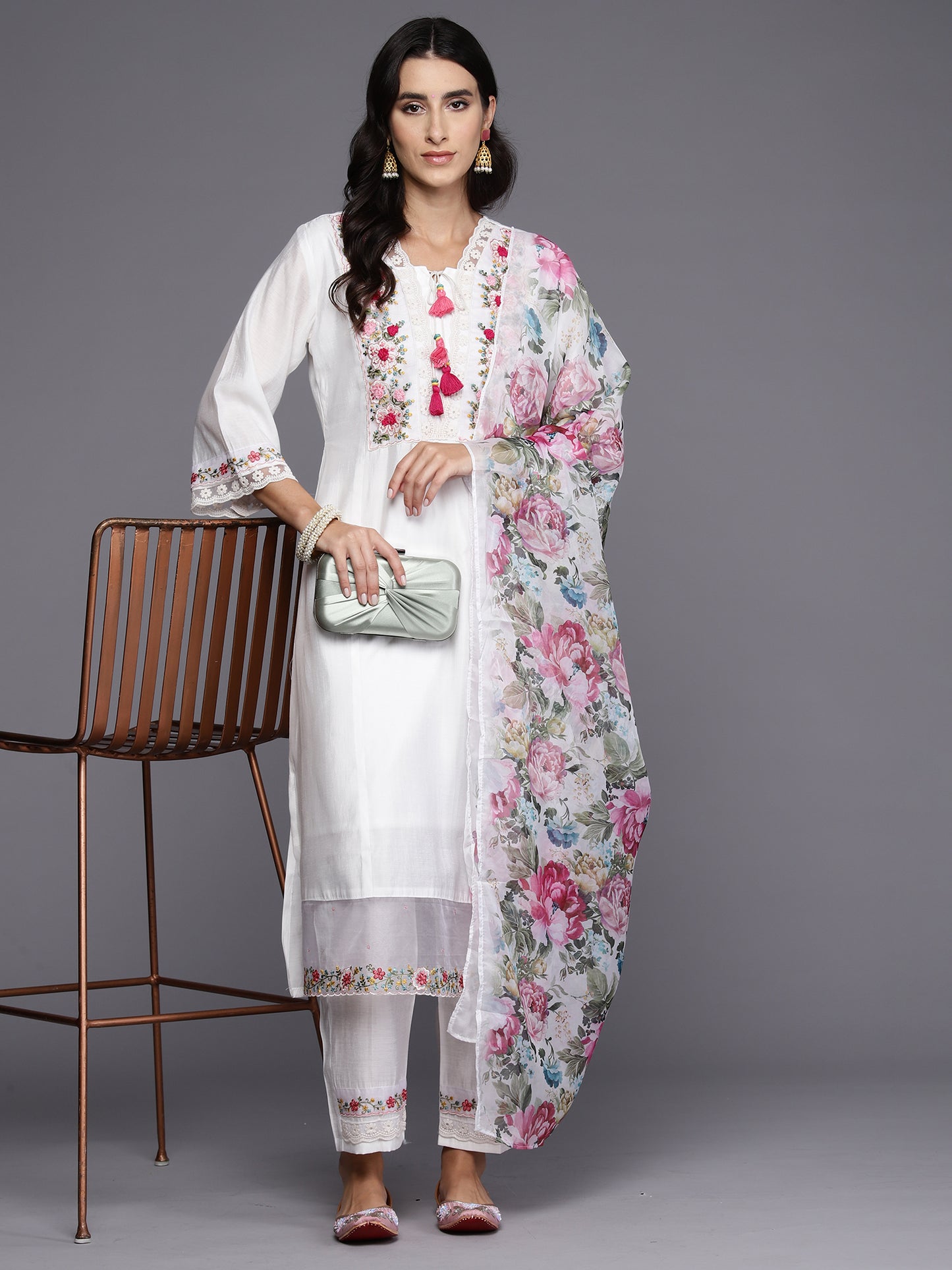 IE White Embroidered A-Line Kurta Trousers With Dupatta Set