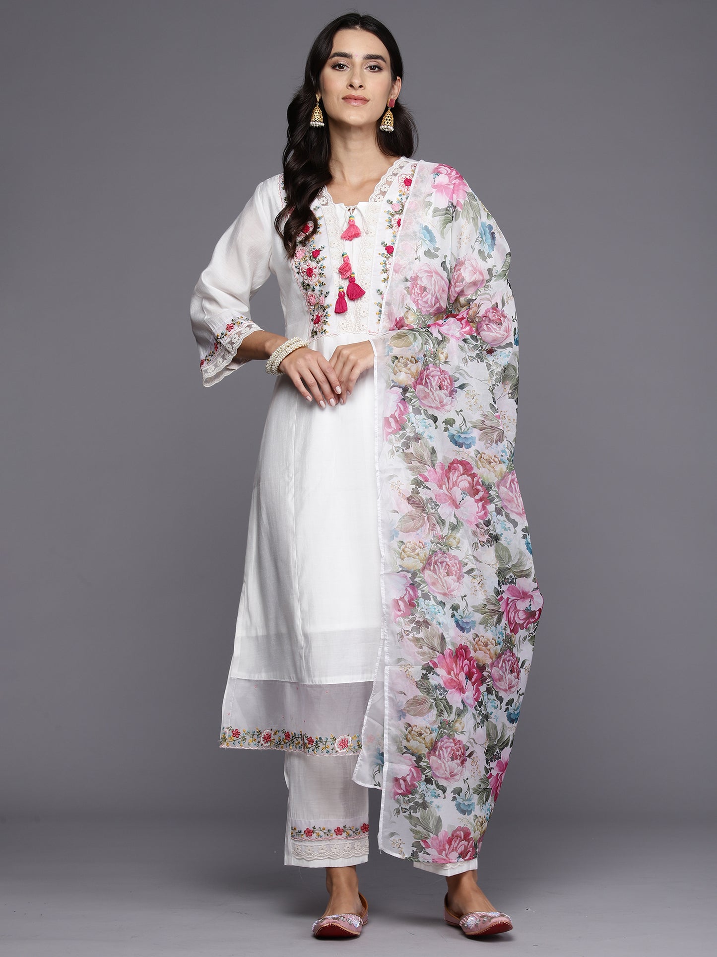 IE White Embroidered A-Line Kurta Trousers With Dupatta Set