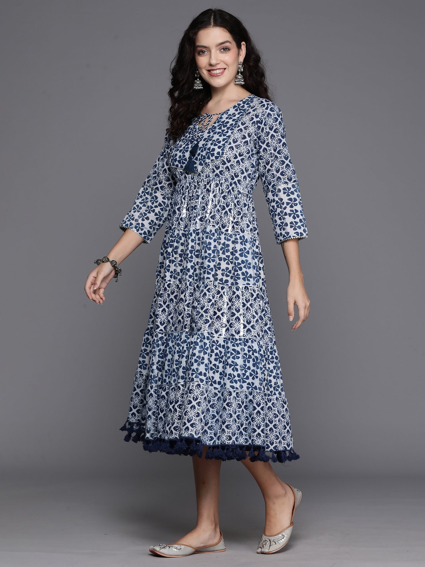 IE Blue Printed A-Line Casual Dress