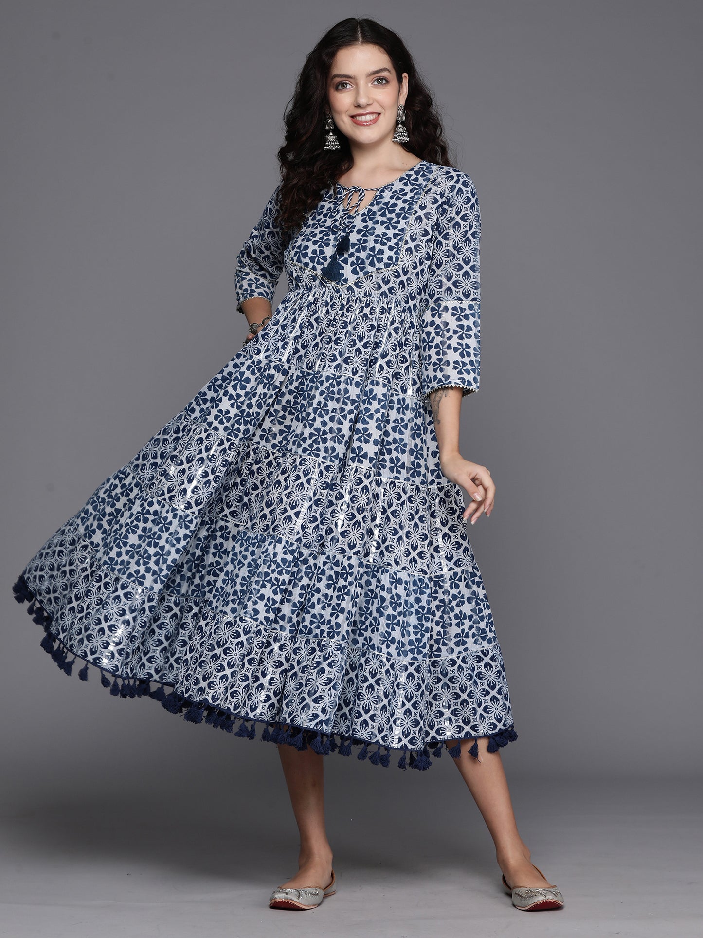 IE Blue Printed A-Line Casual Dress