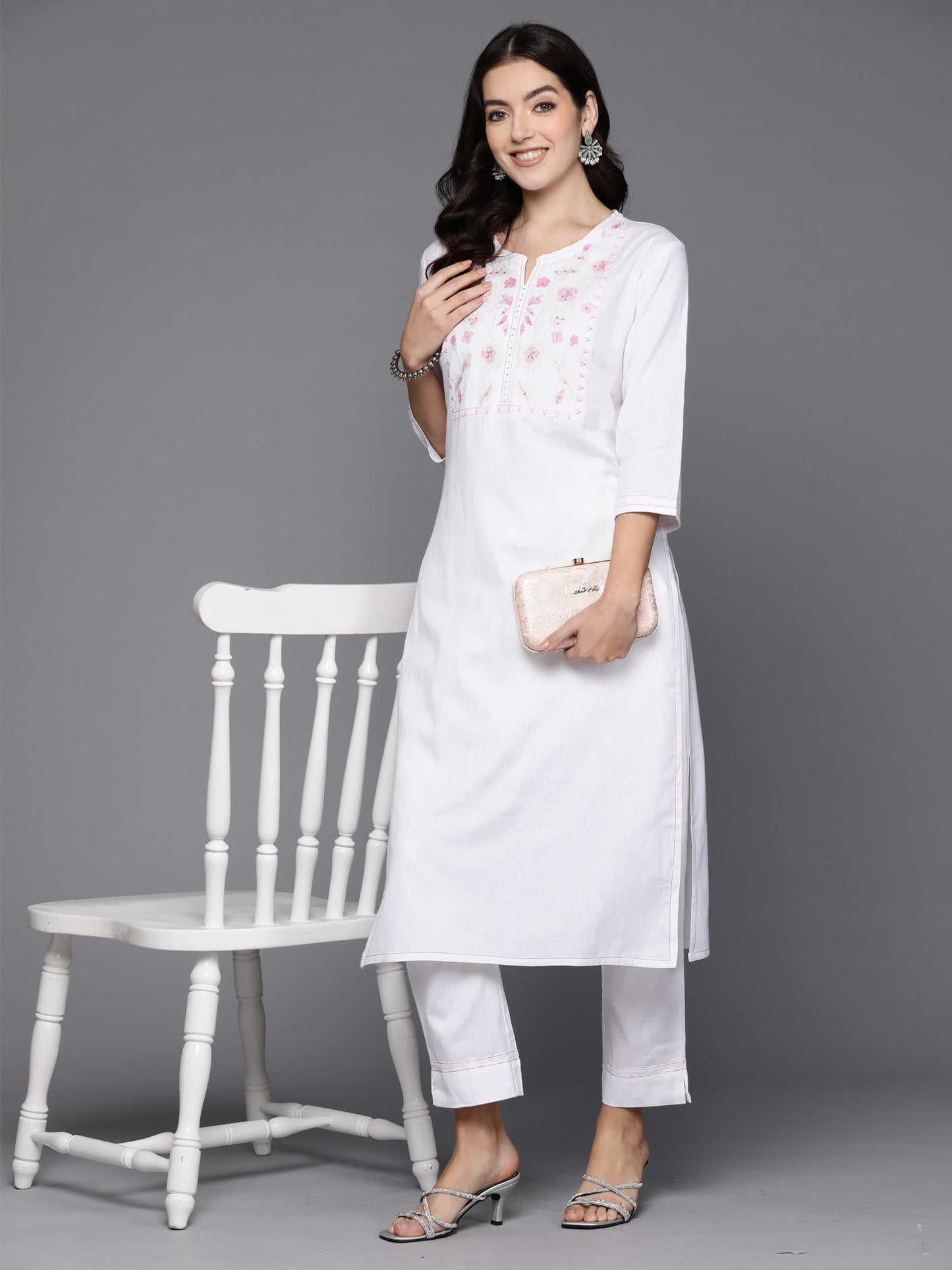 IE Off White Embroidered Straight Kurta Trousers  set