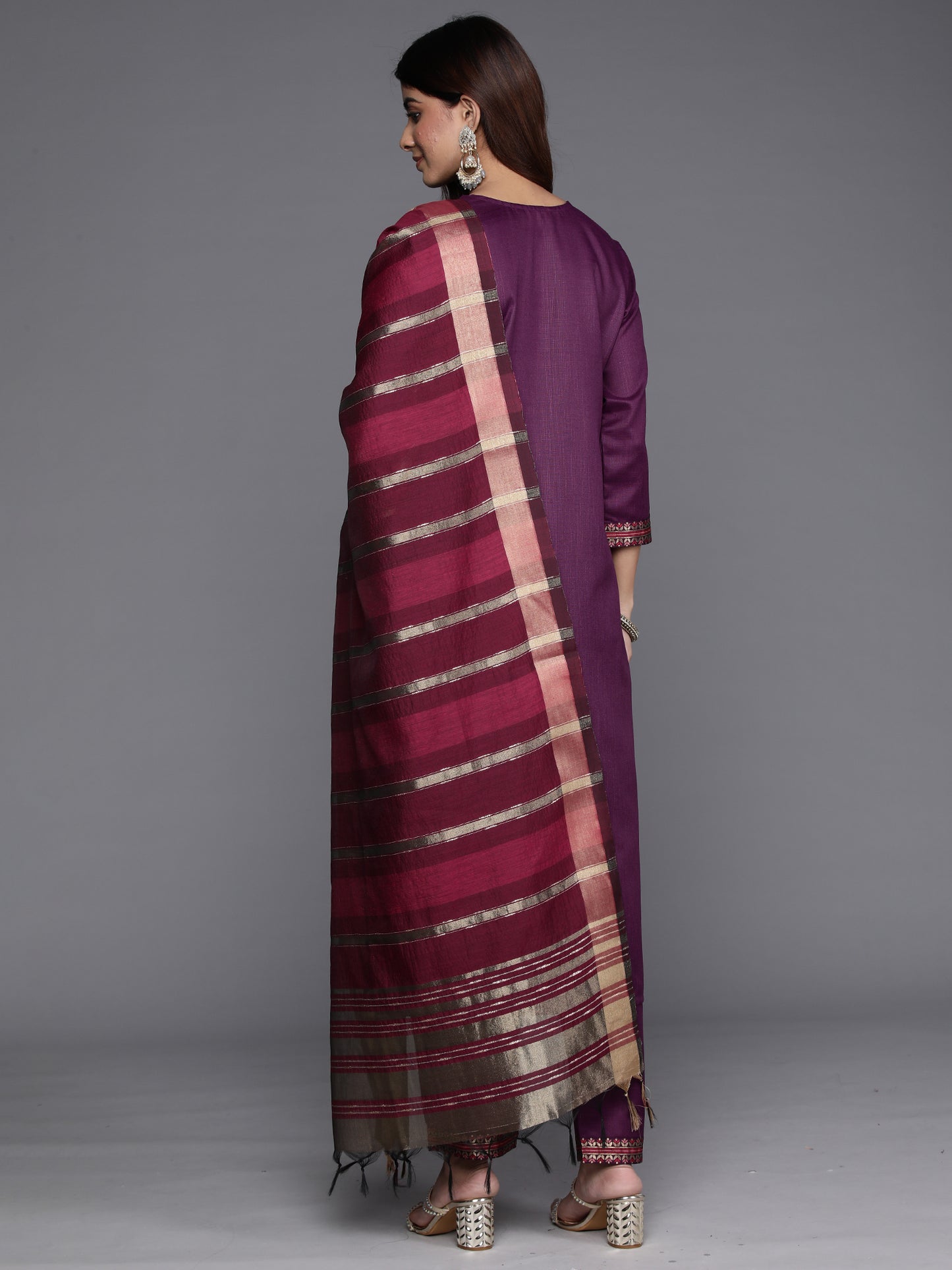 IE Purple Yoke Design Straight Kurta Trousers With Dupatta Set