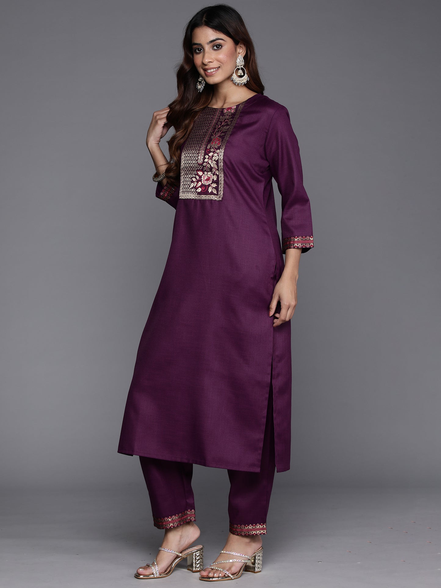 IE Purple Yoke Design Straight Kurta Trousers With Dupatta Set