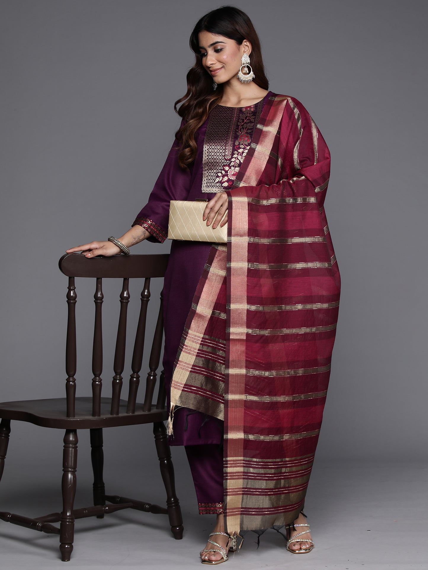 IE Purple Yoke Design Straight Kurta Trousers With Dupatta Set