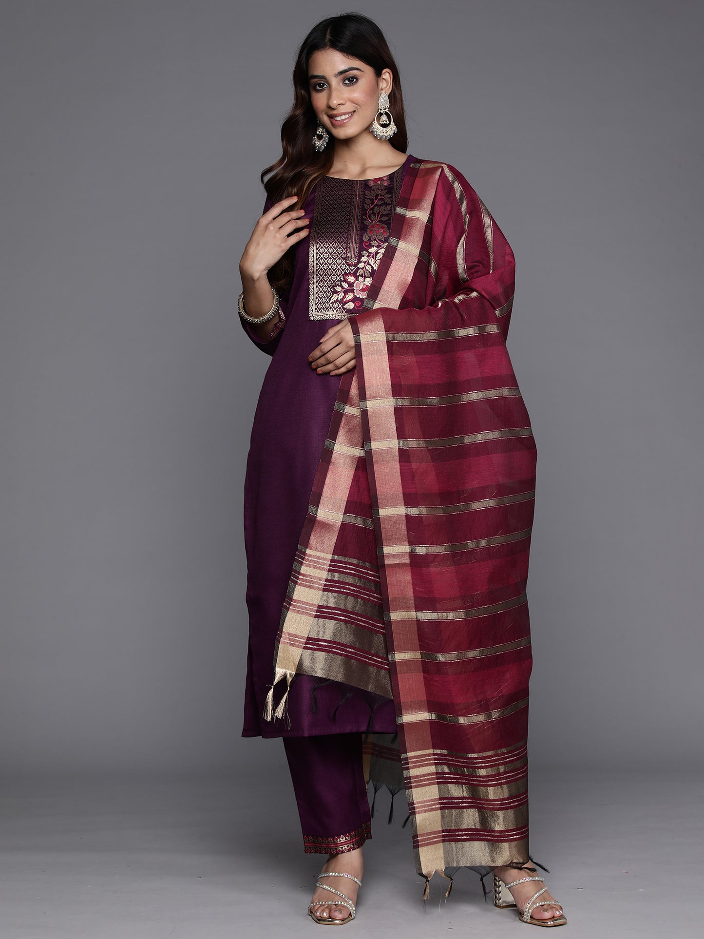 IE Purple Yoke Design Straight Kurta Trousers With Dupatta Set