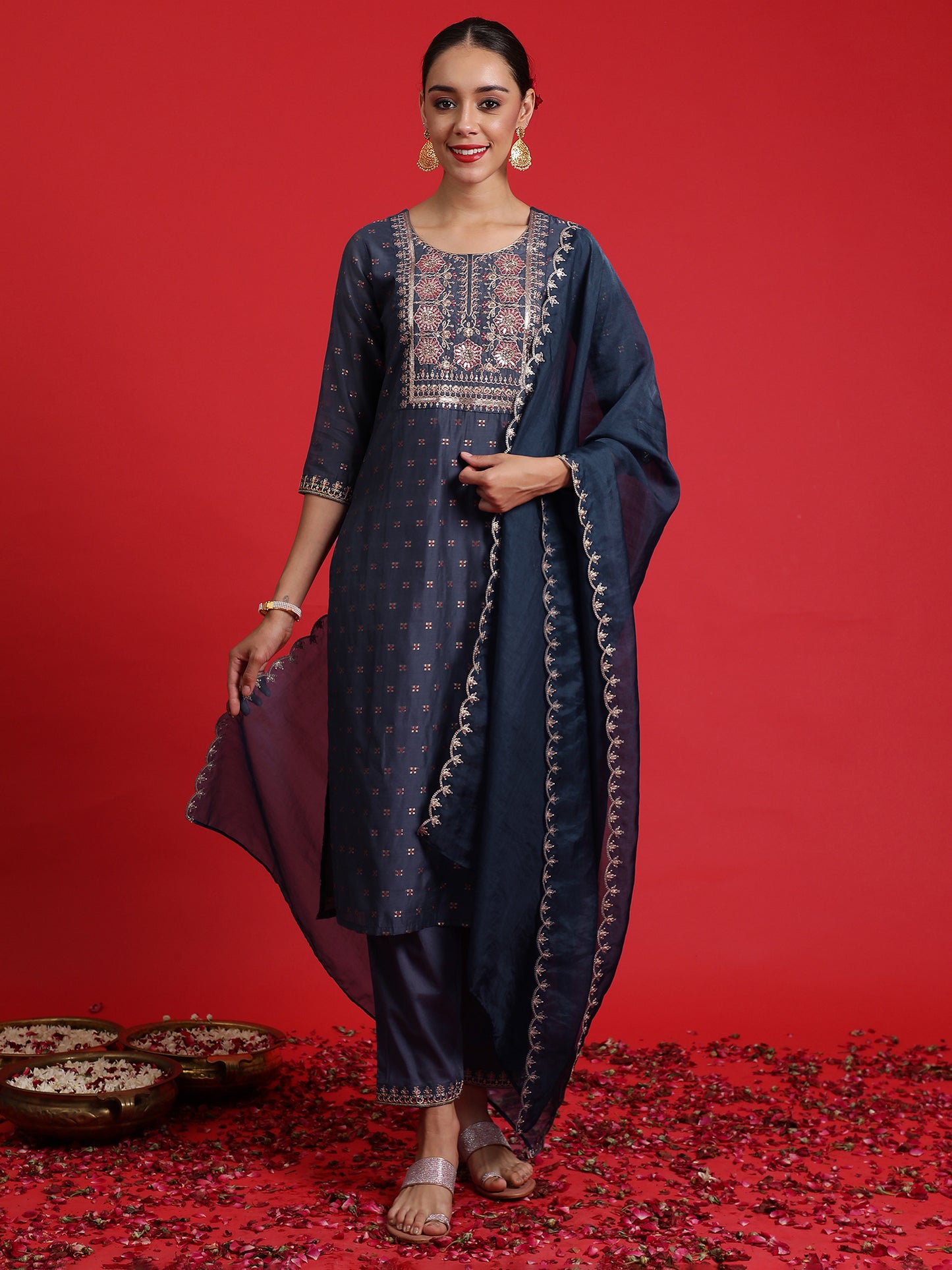 IE Blue Embroidered Straight Kurta Trousers With Dupatta Set