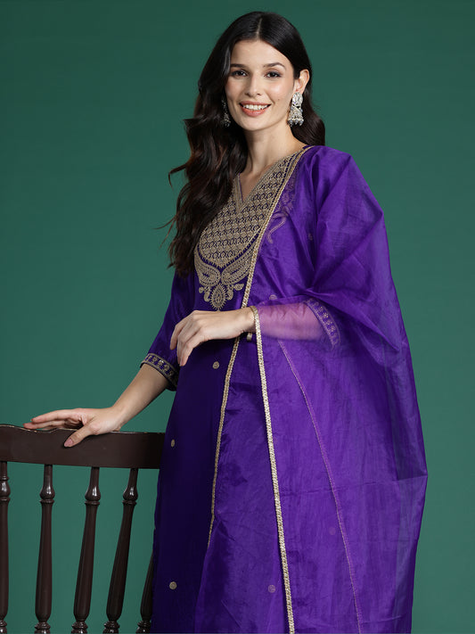 IE Purple Embroidered Straight Kurta Trousers With Dupatta Set