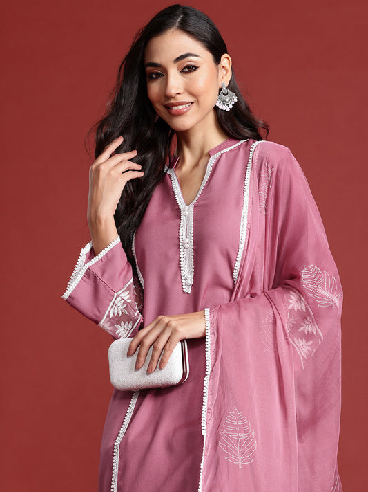 IE Mauve Embroidered Straight Kurta Trousers With Dupatta set