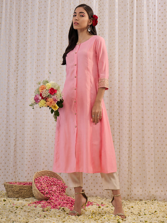 IE Pink Embroidered A-Line Kurtas