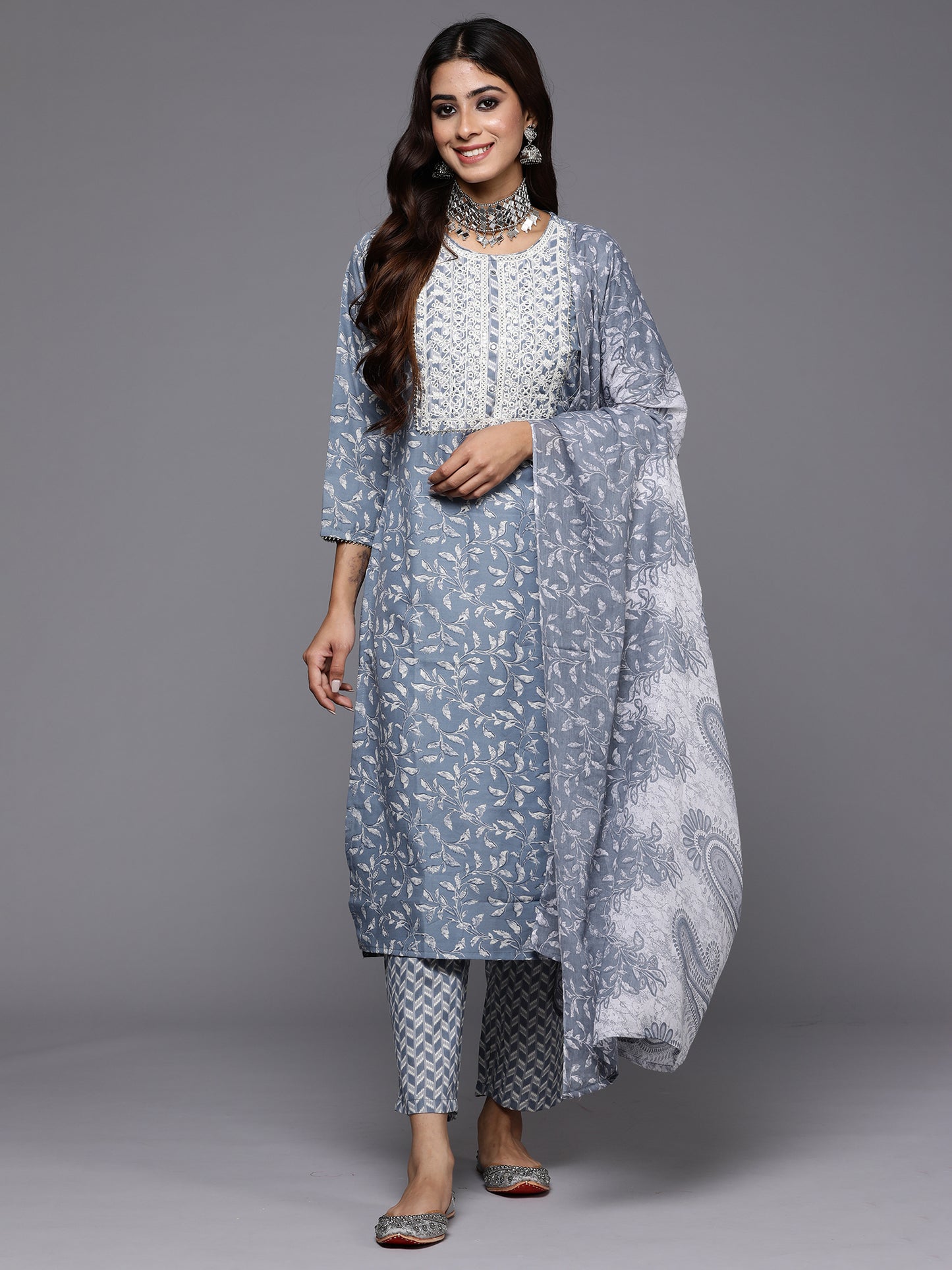 IE Grey Embroidered Straight Kurta Trousers With Dupatta Set