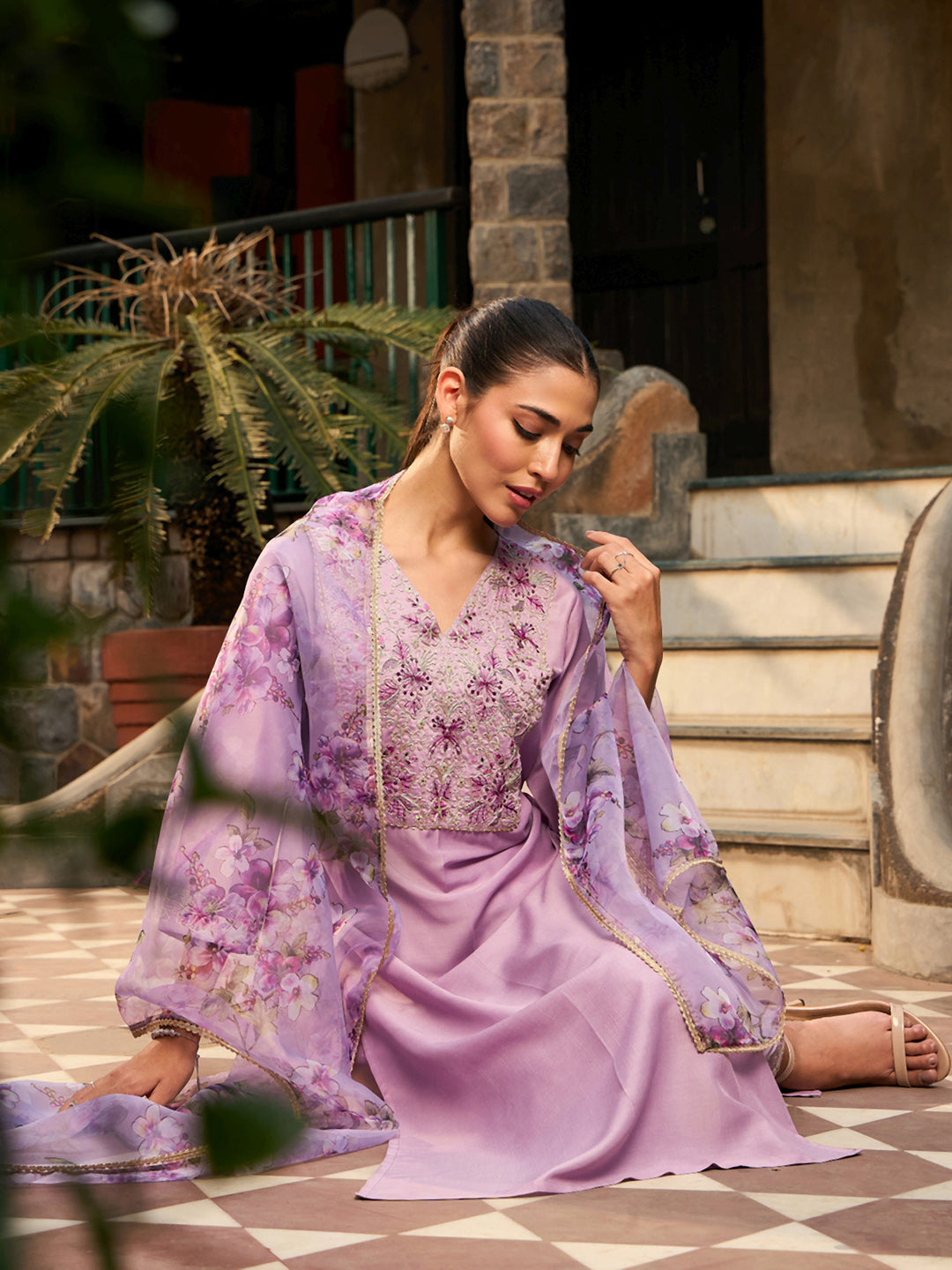 IE Purple Embroidered Straight Kurta Trousers With Dupatta set