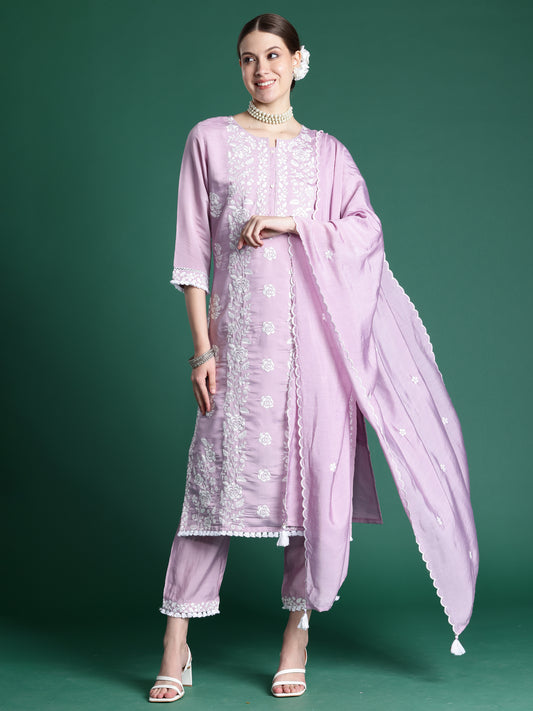 IE Lavender Embroidered Straight Kurta Trousers With Dupatta  Set