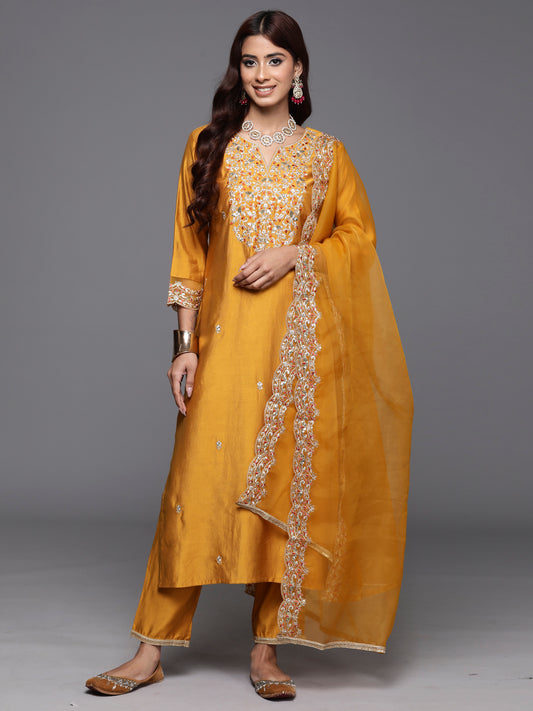 IE Mustard Embroidered Straight Kurta Trousers With Dupatta Set