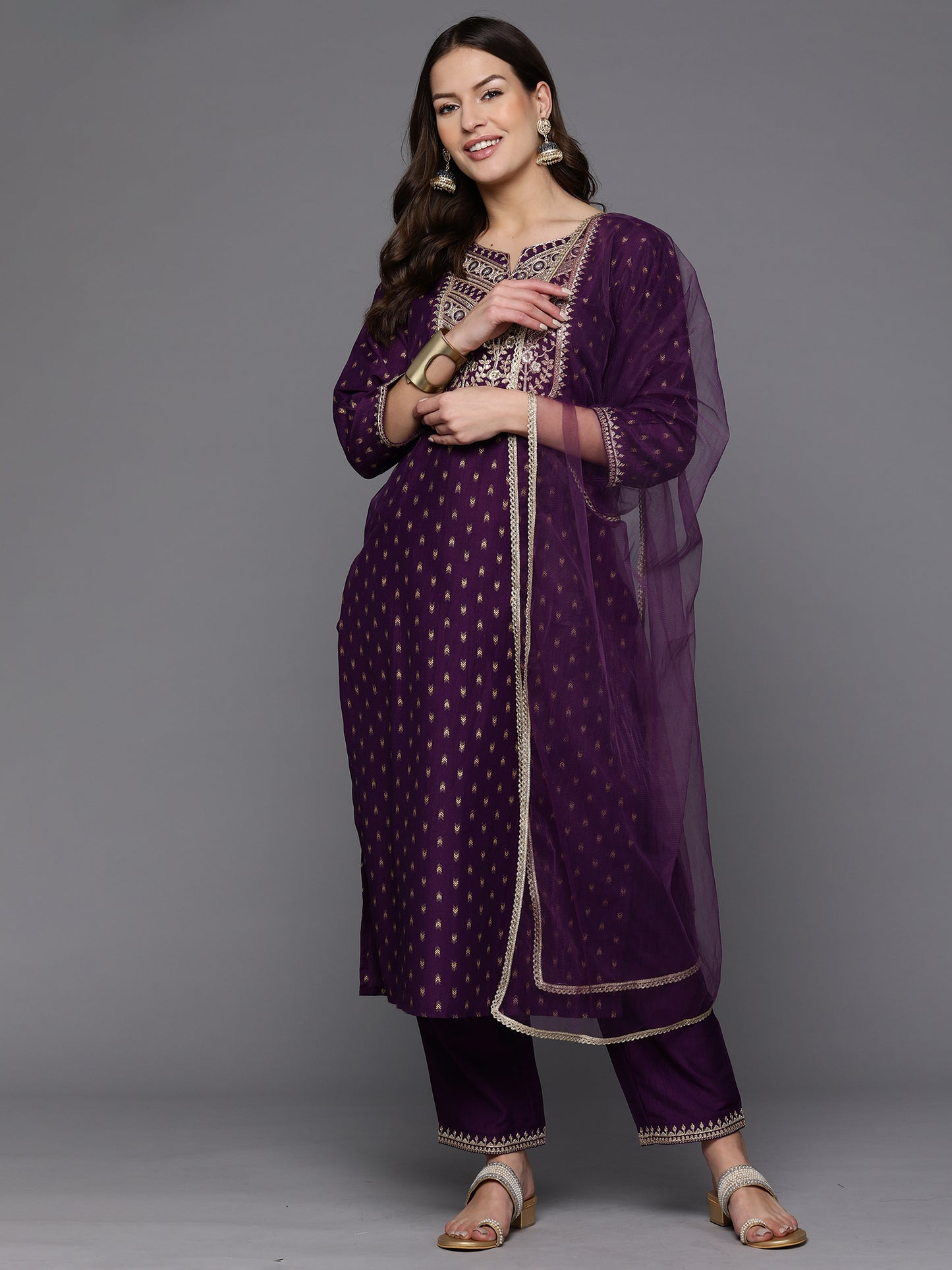 IE Purple Embroidered Straight Kurta Trousers With Dupatta Set