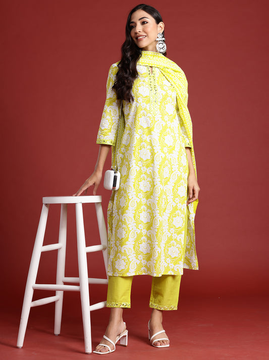 IE Green Printed Straight Kurta Trousers With Dupatta set