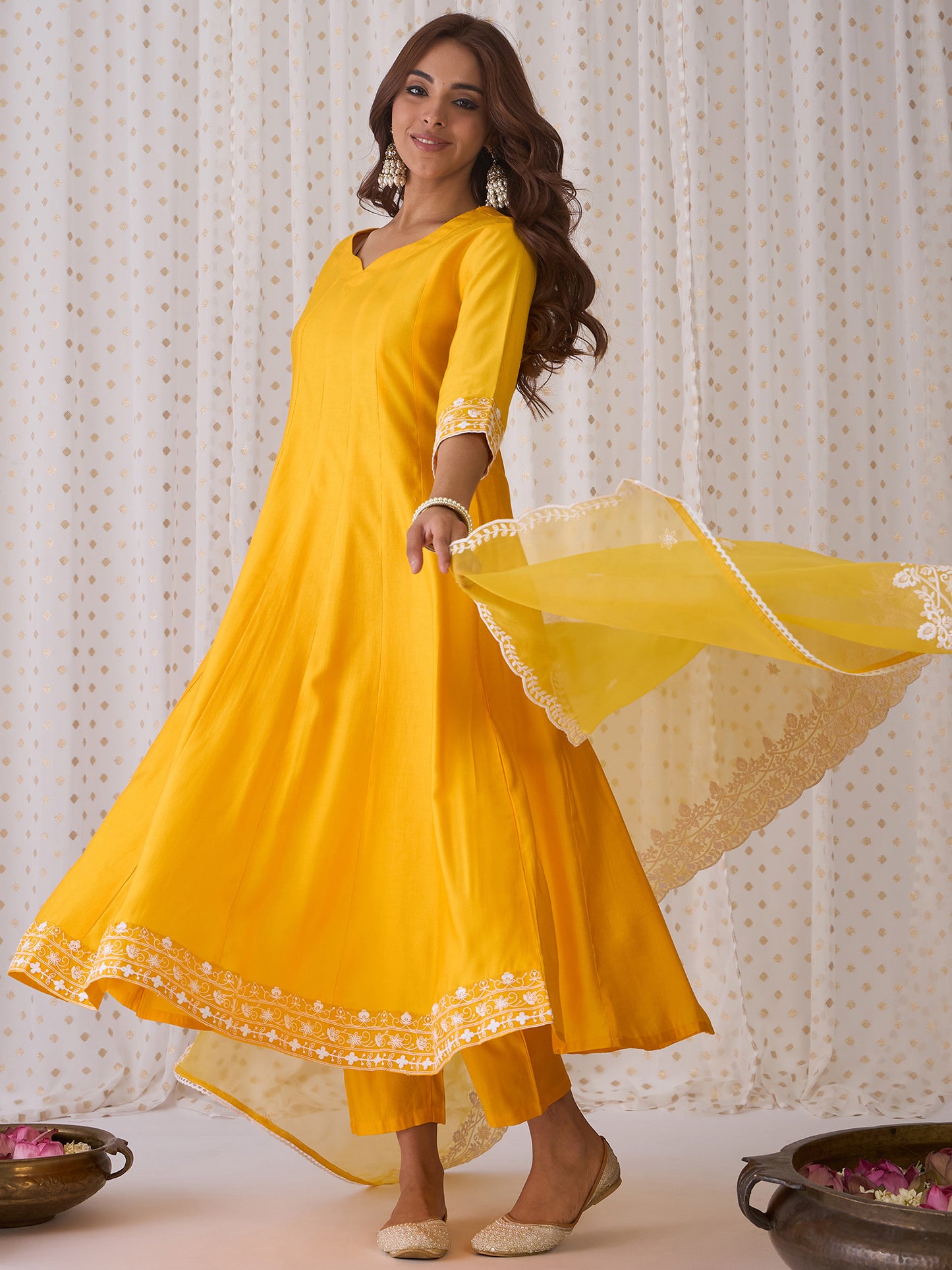 IE Yellow Embroidered Anarkali Kurta Trousers With Dupatta Set