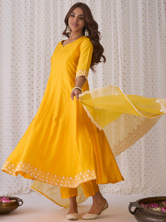 IE Yellow Embroidered Anarkali Kurta Trousers With Dupatta Set