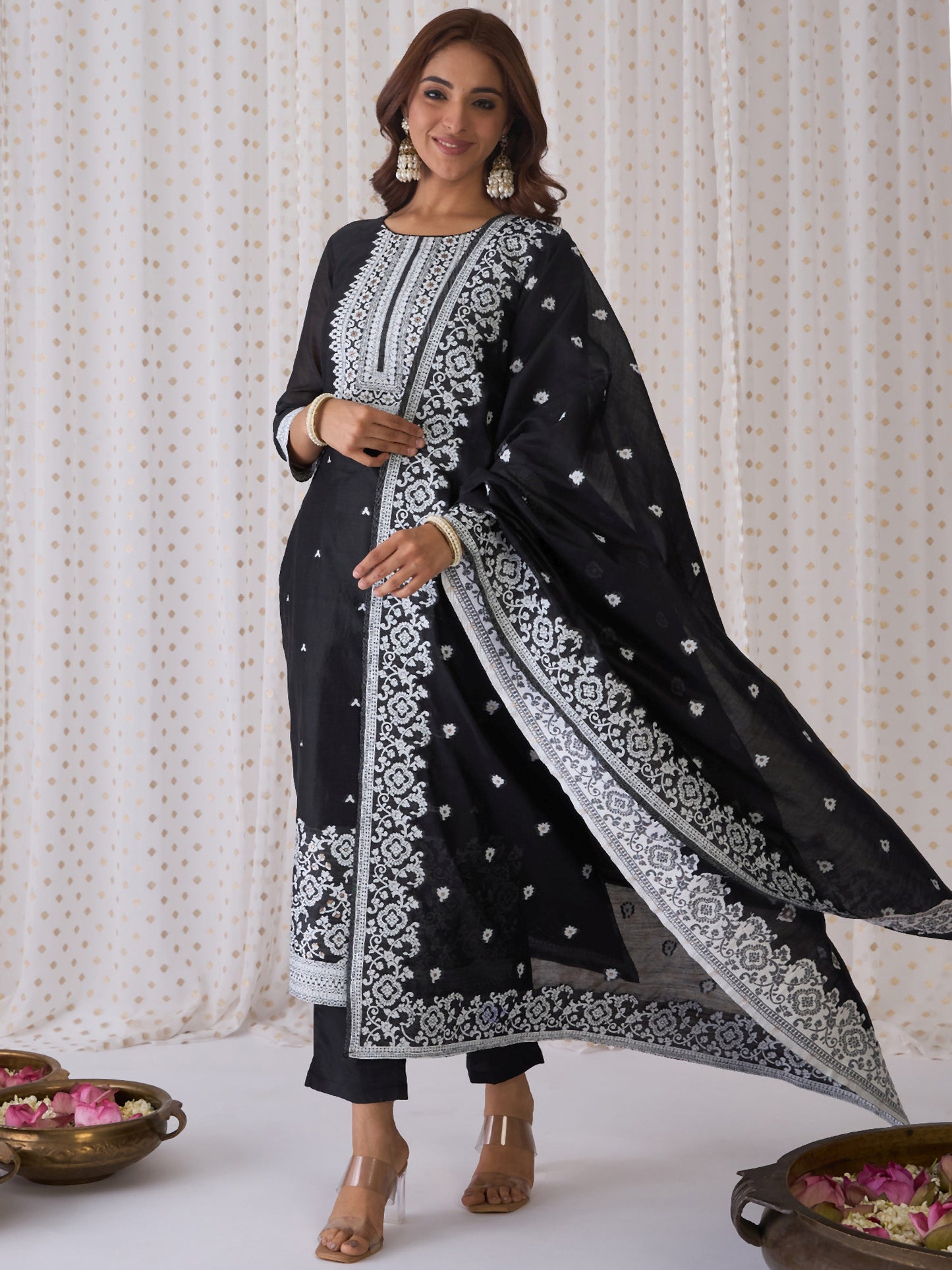 IE Black Woven Design Straight Kurta Trousers With Dupatta set