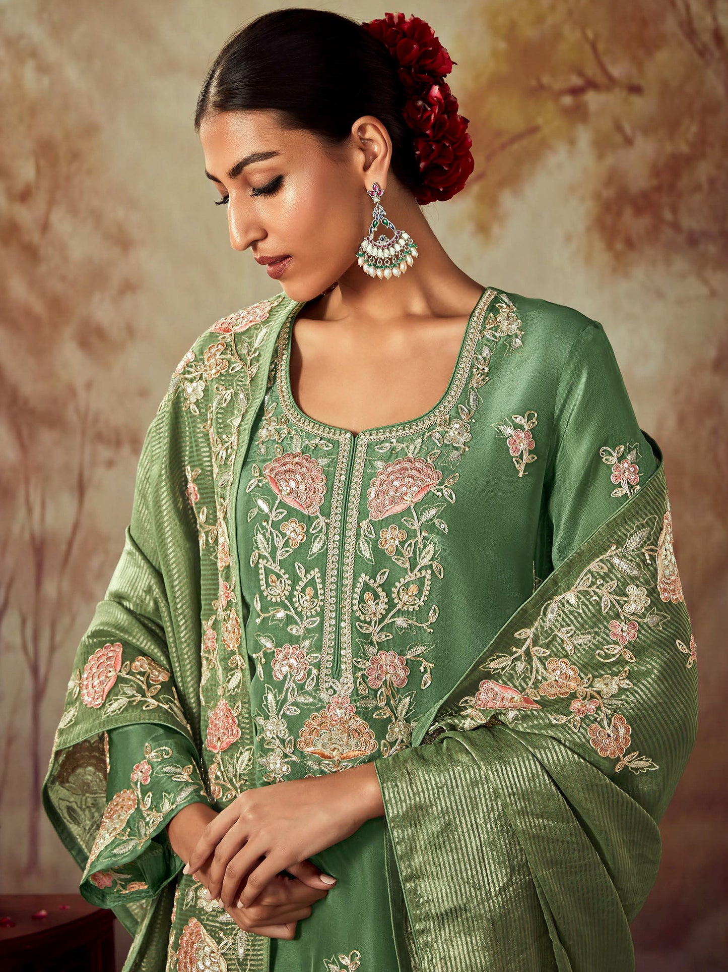 IE Green Embroidered Straight Kurta Trousers With Dupatta set