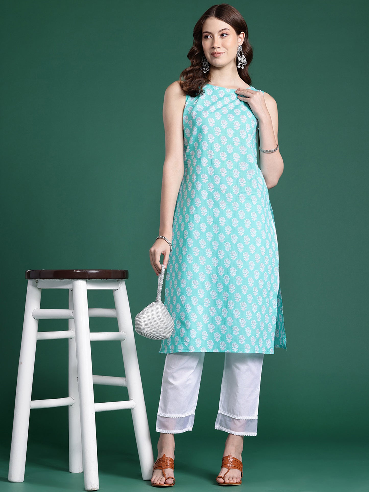 IE Blue Printed Straight Kurtas