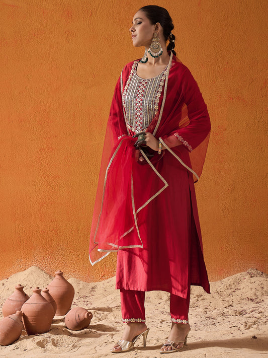 IE Red Embroidered Straight Kurta Trousers With Dupatta set