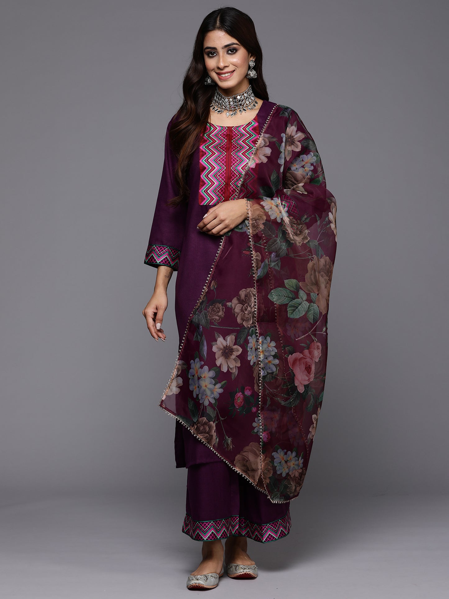 IE Purple Yoke Design Straight Kurta Palazzos With Dupatta Set