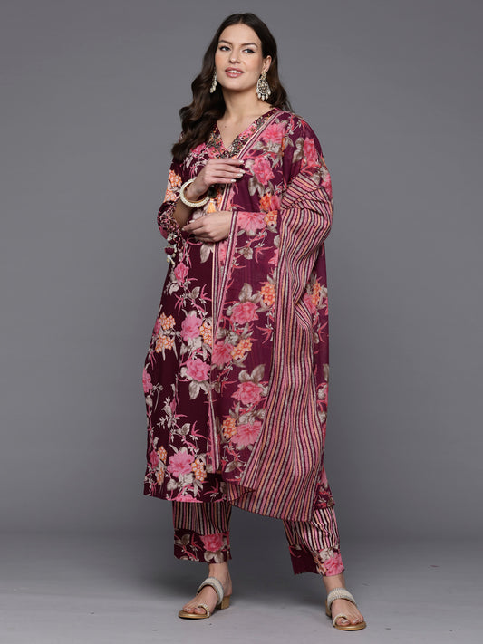 IE Burgundy Printed Straight Kurta Trousers With Dupatta Set