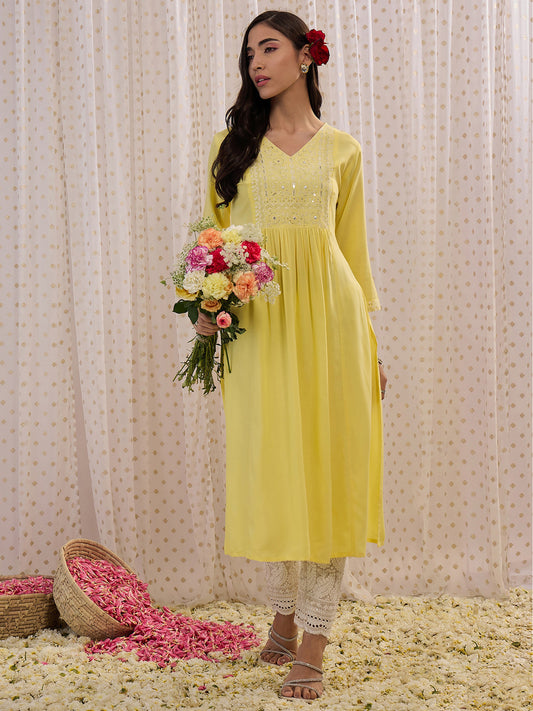 IE Yellow Embroidered A-Line Kurtas