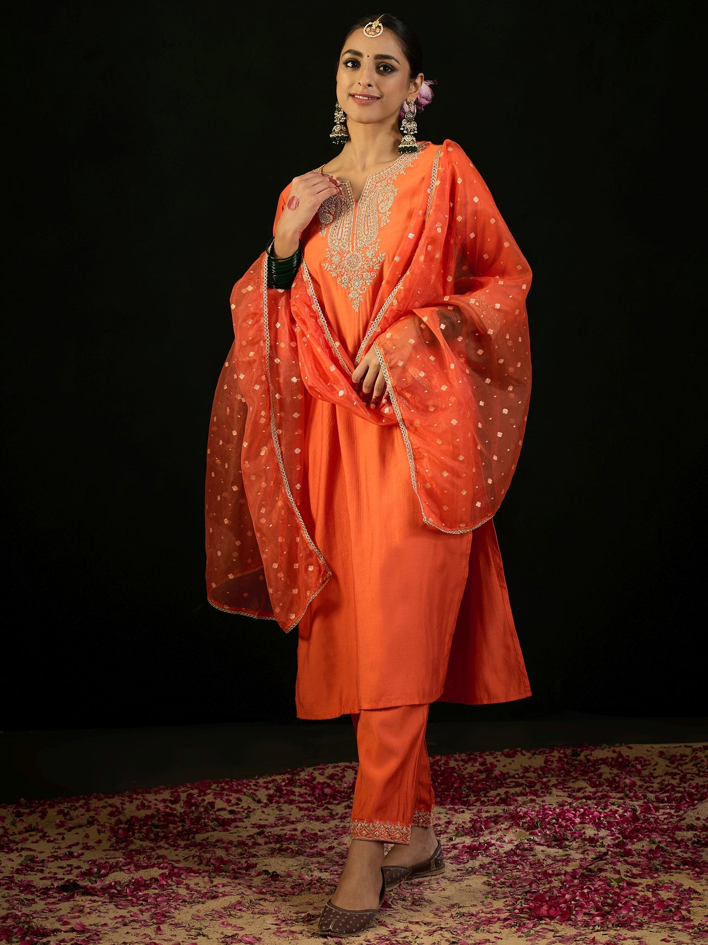 IE Orange Embroidered Straight Kurta Trousers With Dupatta set