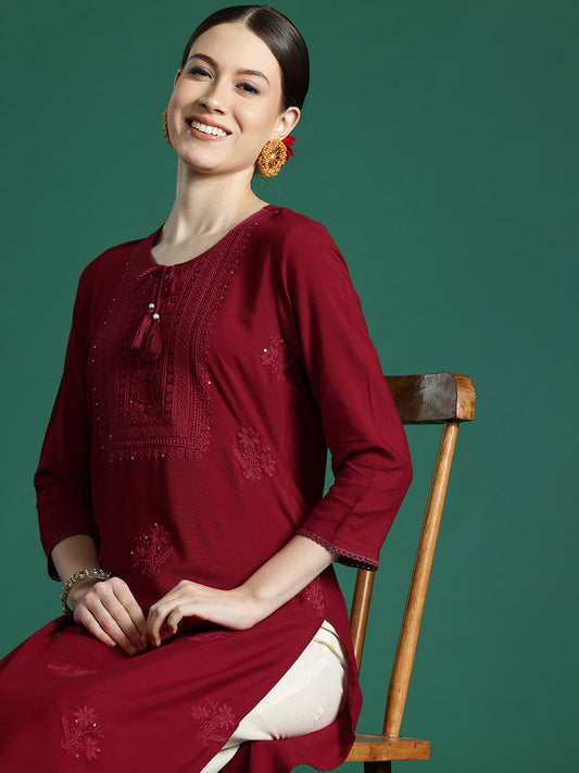 IE Maroon Embroidered Straight Kurtas