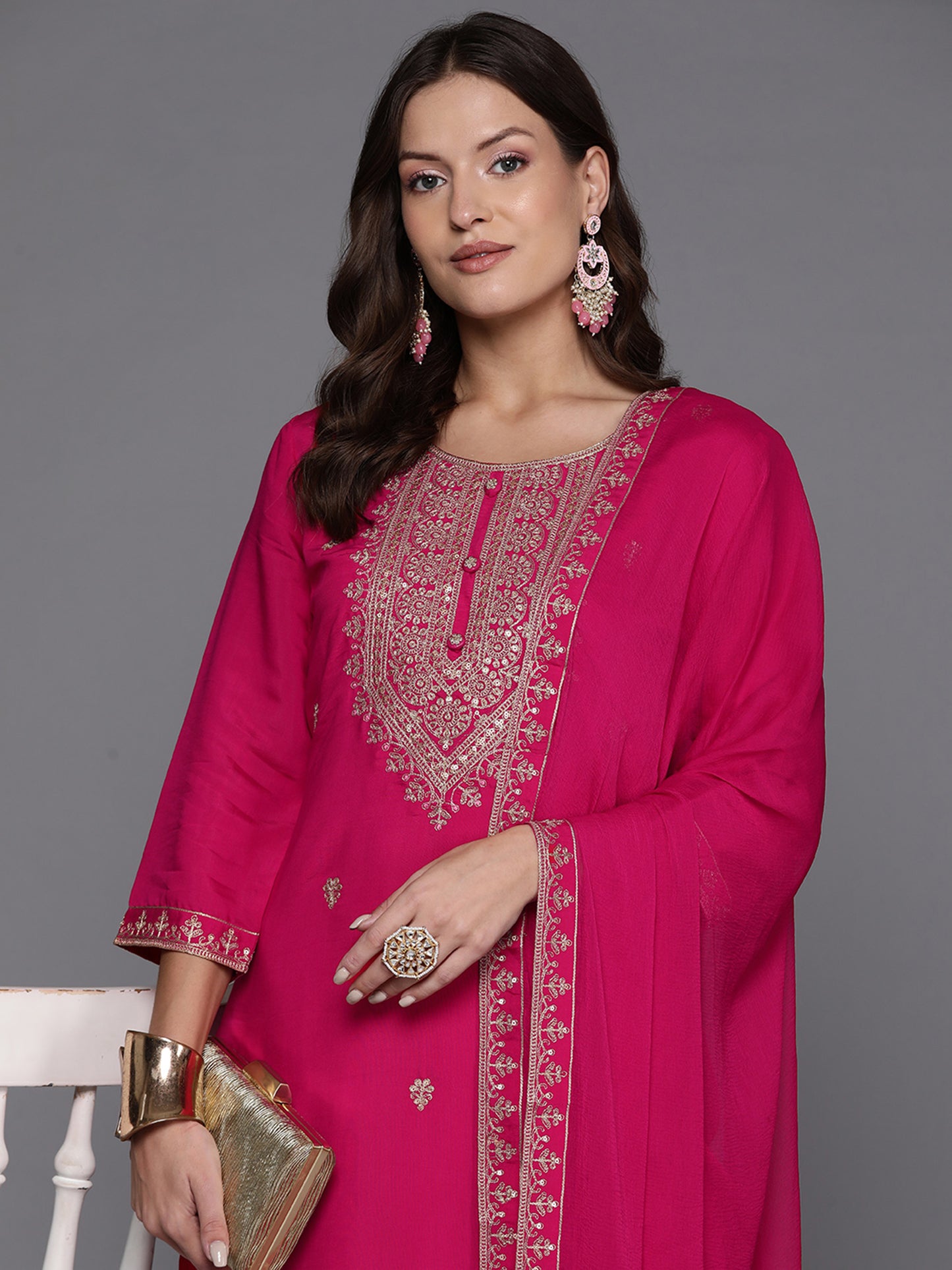 IE Pink Embroidered Straight Kurta Trousers With Dupatta Set