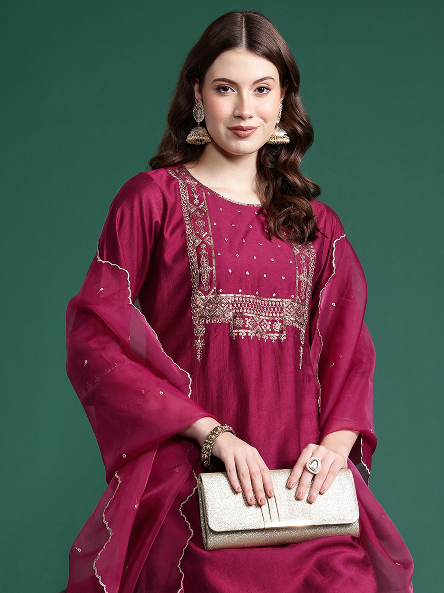 IE Burgundy Embroidered Straight Kurta Trousers With Dupatta  Set