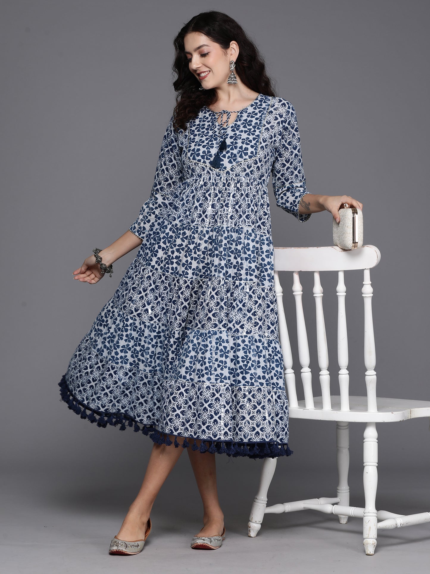 IE Blue Printed A-Line Casual Dress