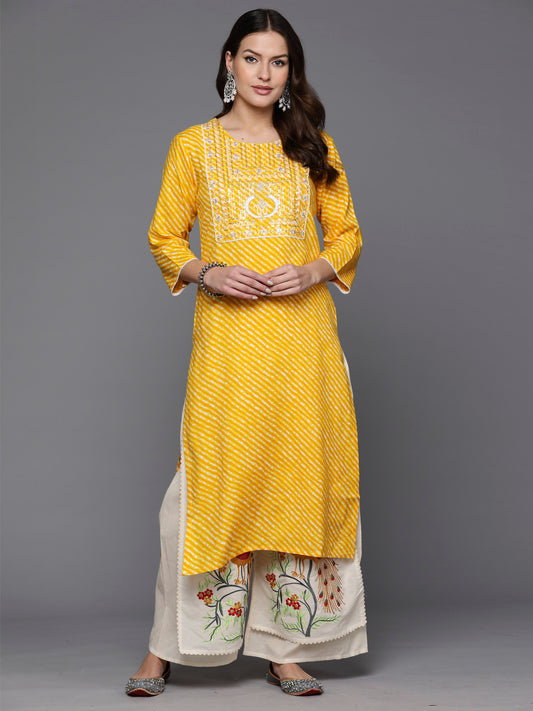 IE Yellow Printed Straight Kurtas