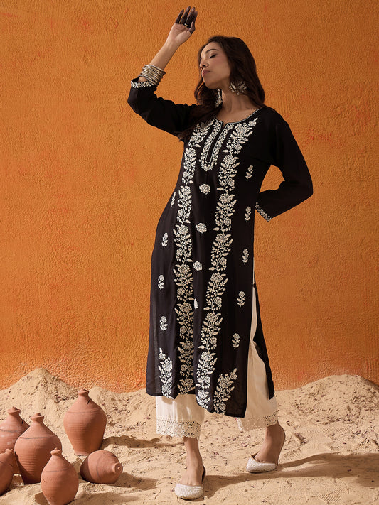 IE Black Embroidered Straight Kurtas