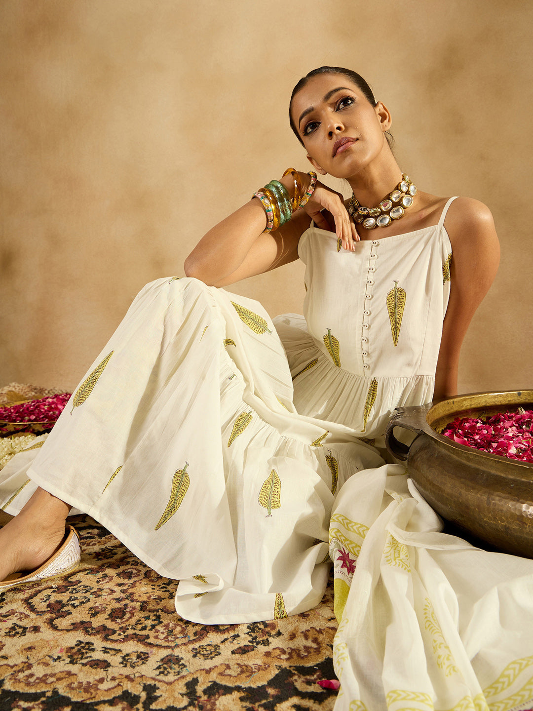 IE White Printed A-Line Kurta Trousers With Dupatta set