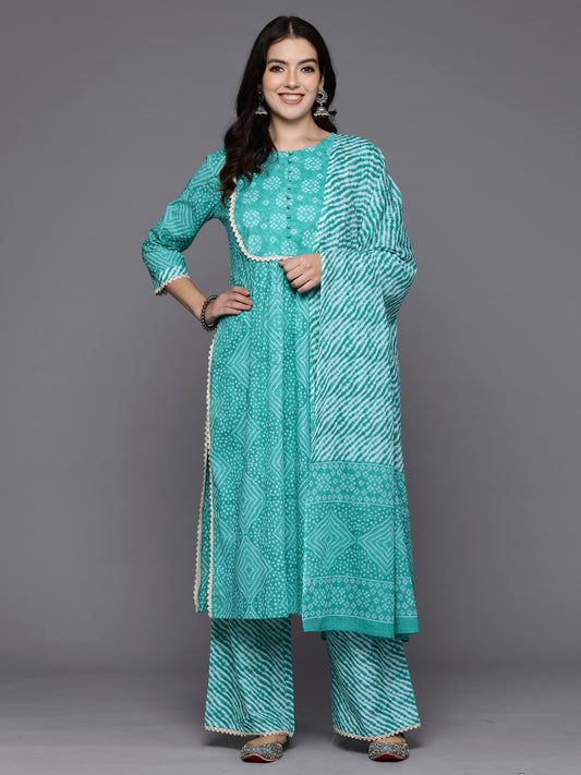 IE Blue Printed Straight Kurta Palazzos With Dupatta Set