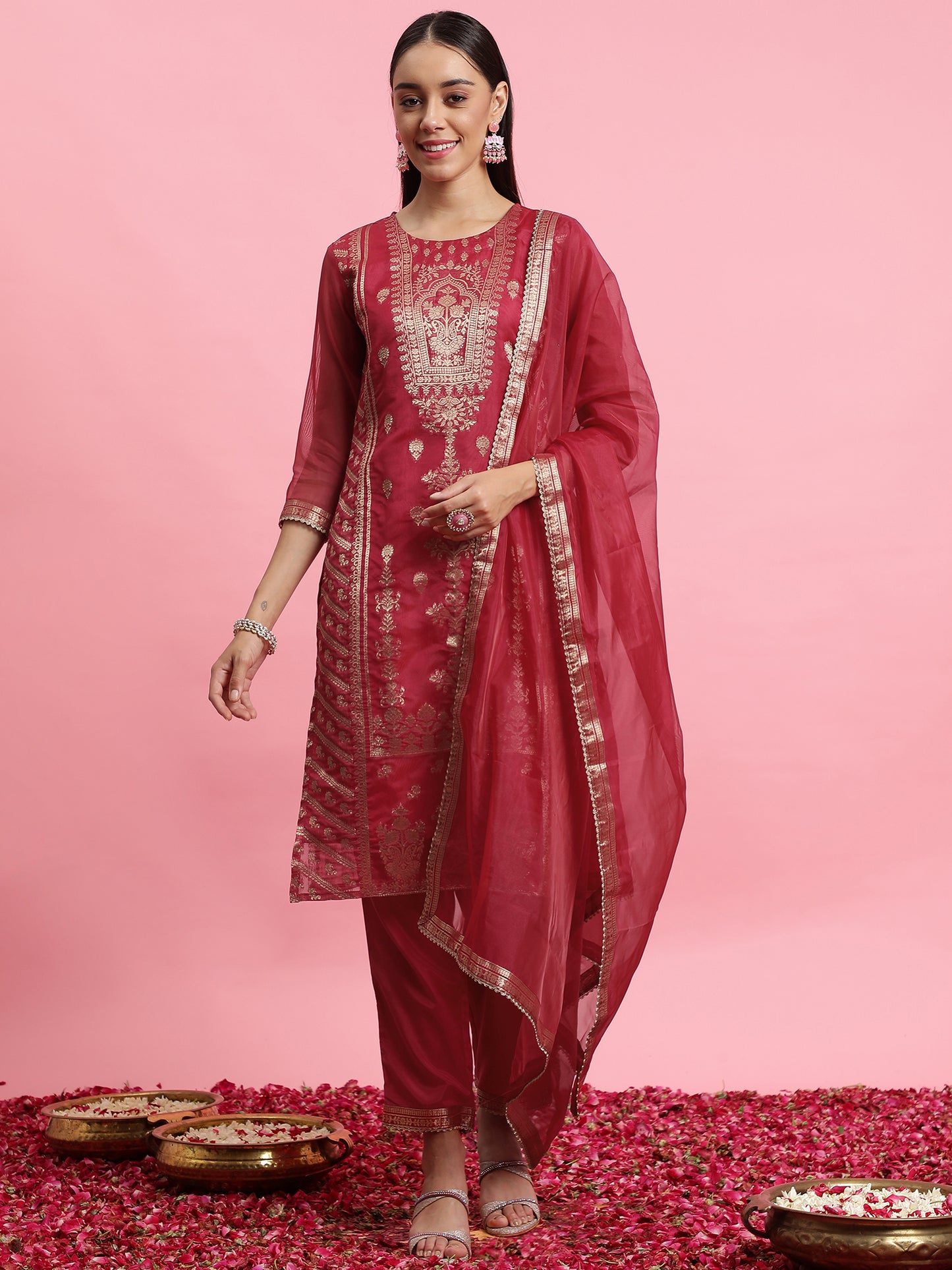 IE Pink Woven Design Straight Kurta Trousers With Dupatta Set