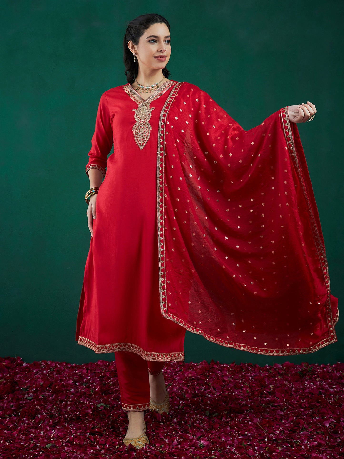 IE Red Embroidered Straight Kurta Trousers With Dupatta set