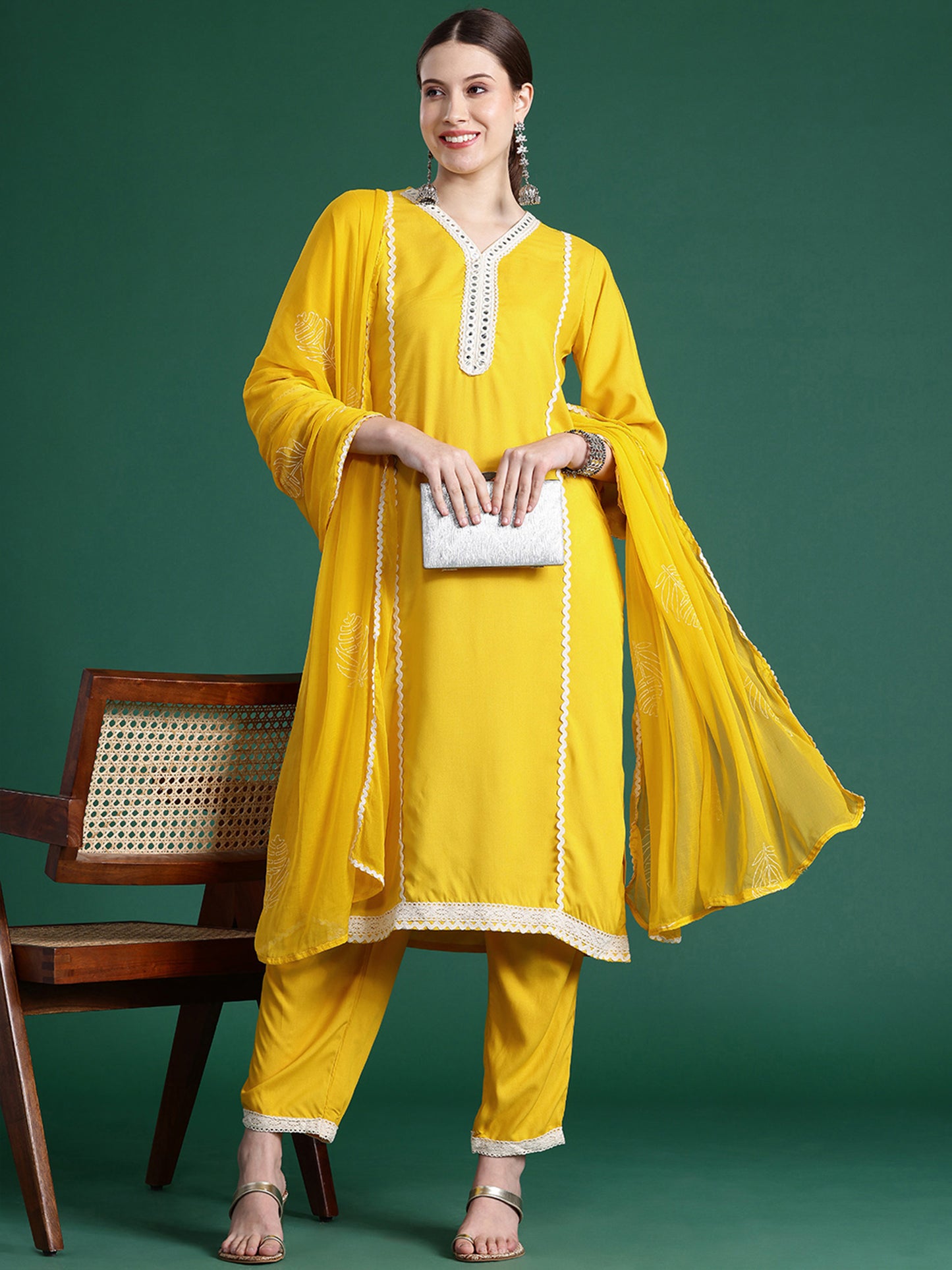 IE Yellow Embroidered Straight Kurta Trousers With Dupatta set