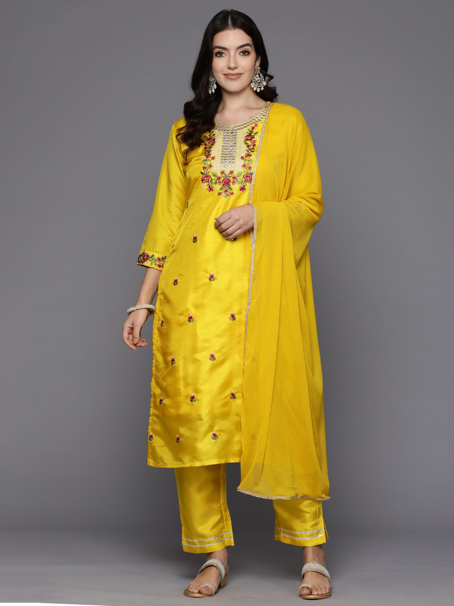 IE Yellow Embroidered Straight Kurta Trousers With Dupatta Set