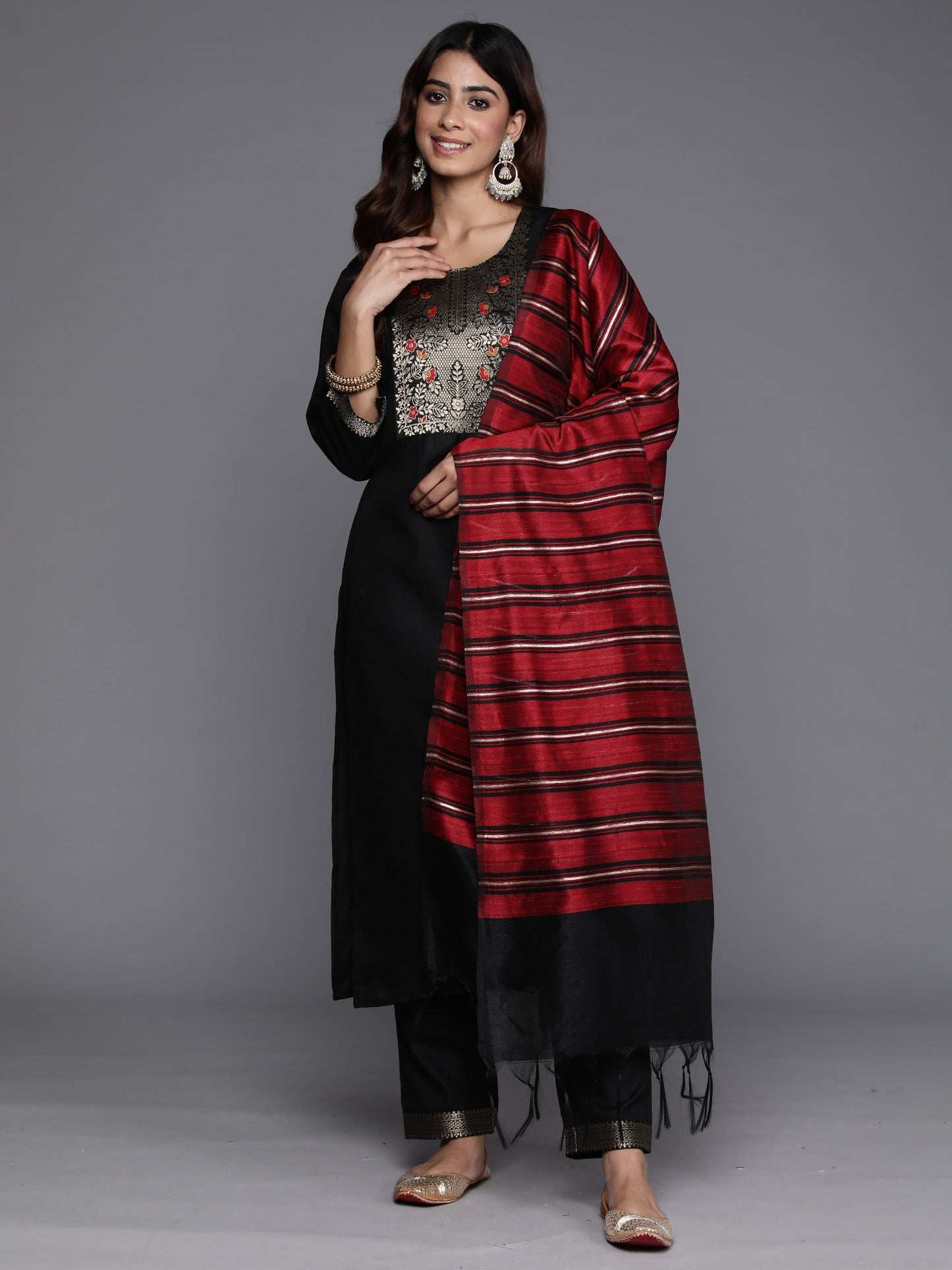 IE Black Yoke Design Straight Kurta Trousers With Dupatta Set