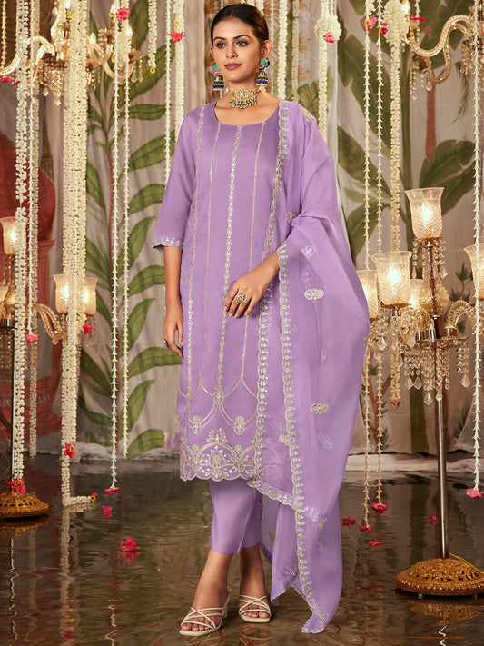 IE Lavender Straight Embroidered Kurta Trousers With Dupatta Set