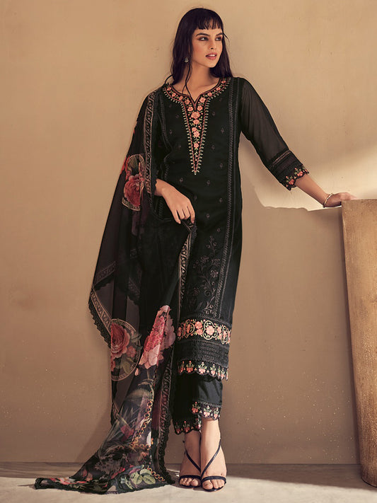 IE Black Embroidered Straight Kurta Trousers With Dupatta set