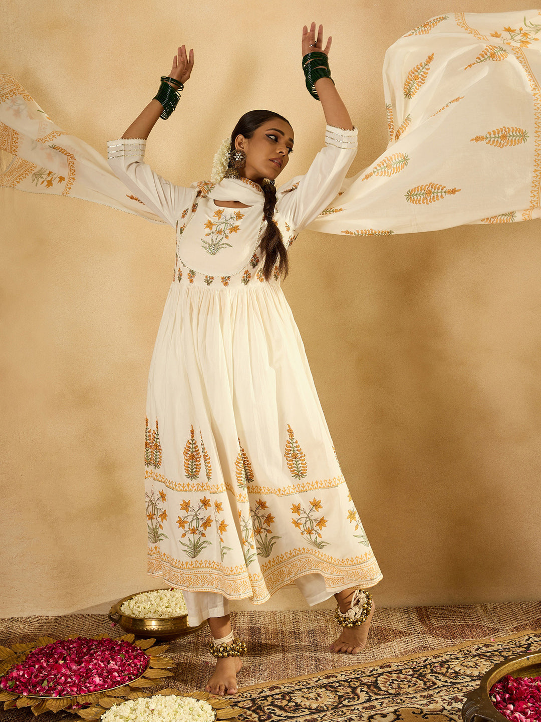 IE Off White Printed A-Line Kurta Trousers With Dupatta set